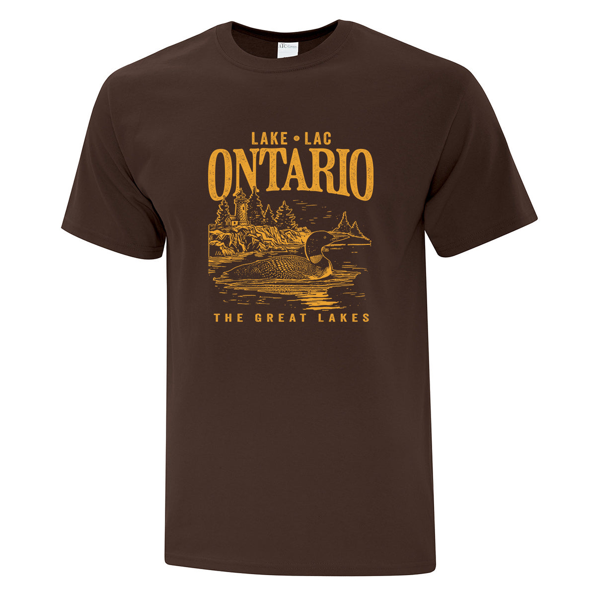 t-shirt à manches courtes brun avec un imprimé du lac ontario en jaune