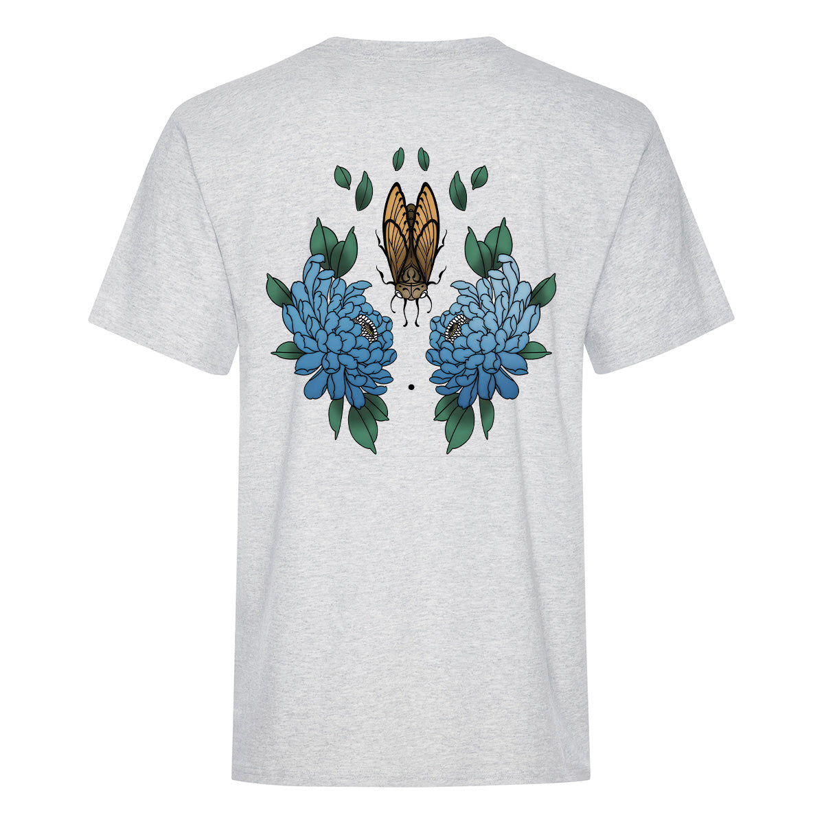 t-shirt manches courtes gris cendré avec imprimé botanique fleural en gros à l'arrière en couleurs