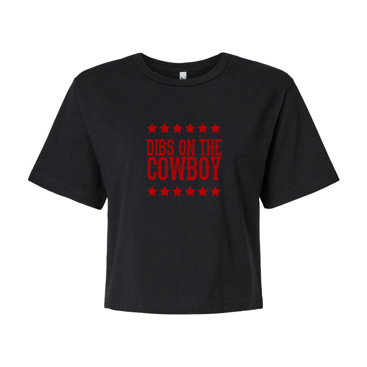 t-shirt écourté noir avec impression rouge "dibs on the cowboy" avec des étoiles