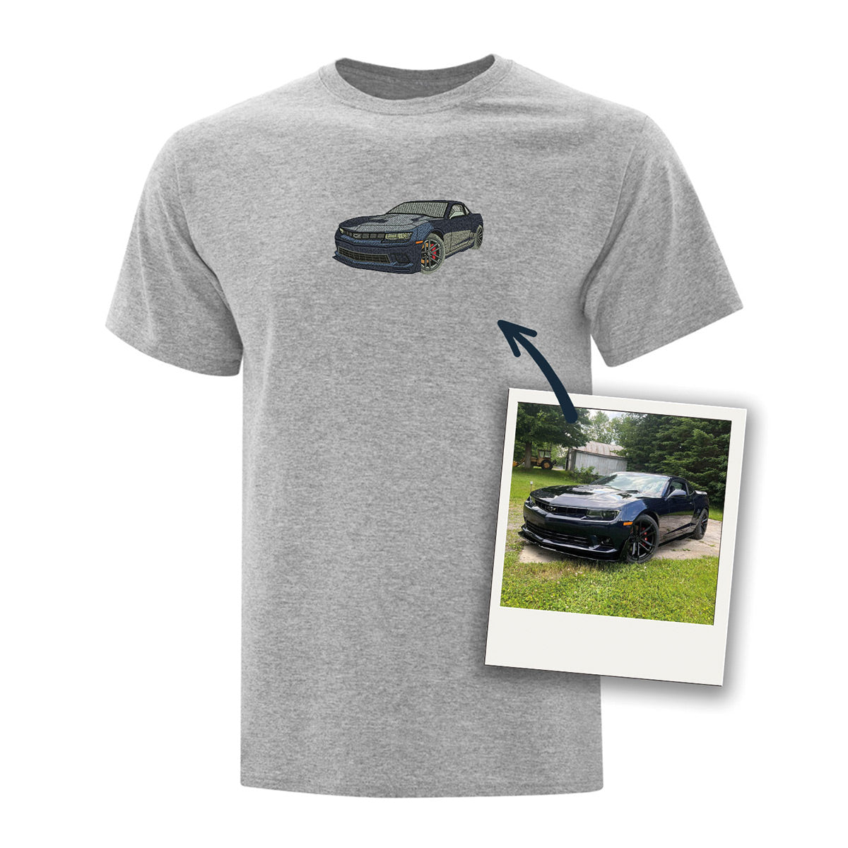 t-shirt gris pâle brodé d'une voiture brodé produit personnalisable mustang