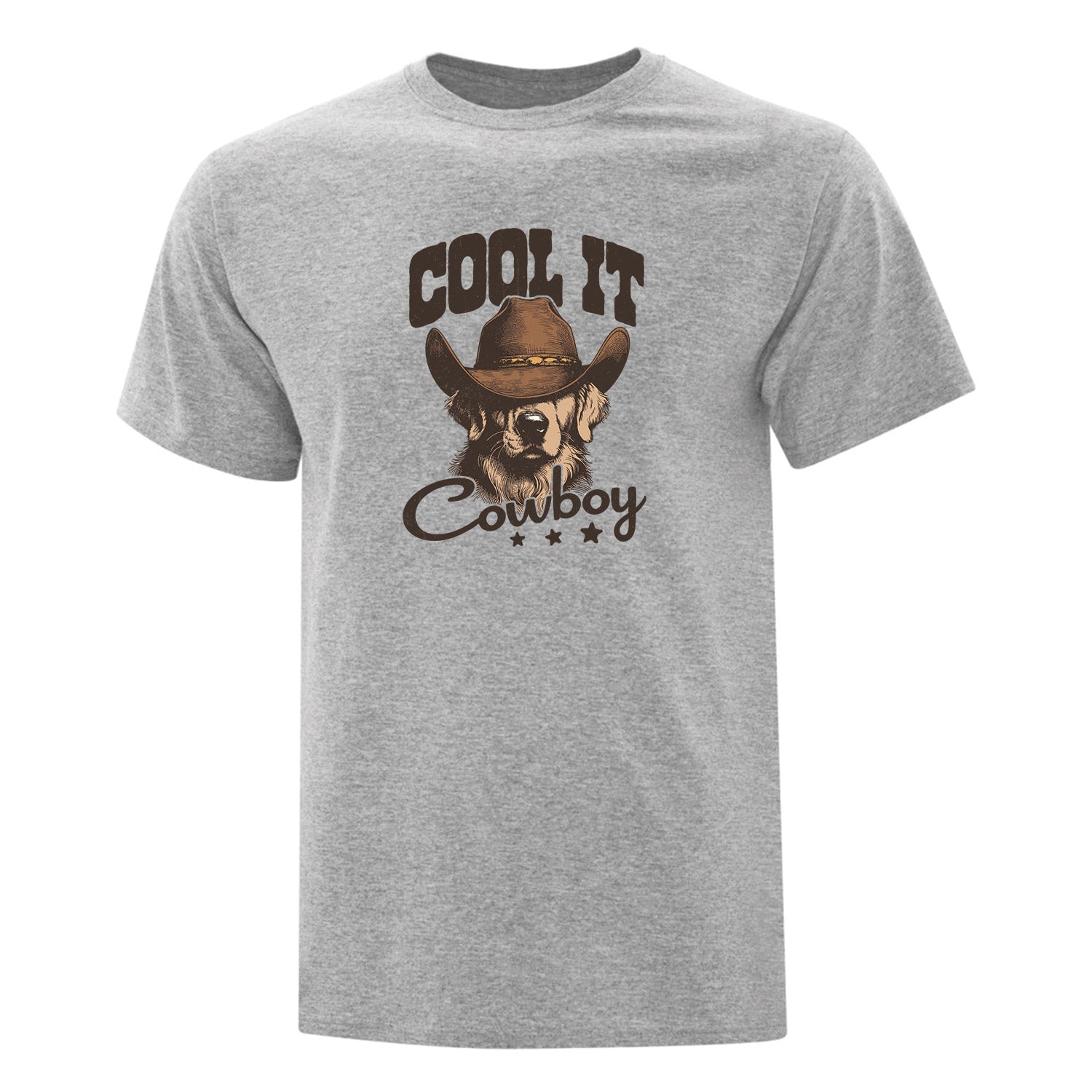 visuel d'un t-shirt à manches courtes gris pâle avec un imprimé de golden retriever portant un chapeau de cowboy avec l'inscription "cool it cowboy"