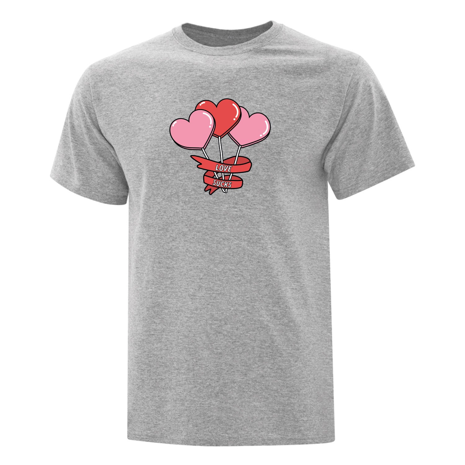 t-shirt gris pâle imprimé avec des sucettes en forme de coeur et l'inscription "love sucks"