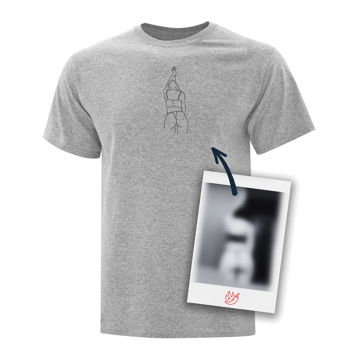 t-shirt gris pâle avec une broderie noire minimaliste d'une silhouette faite à partir d'une photo coquine