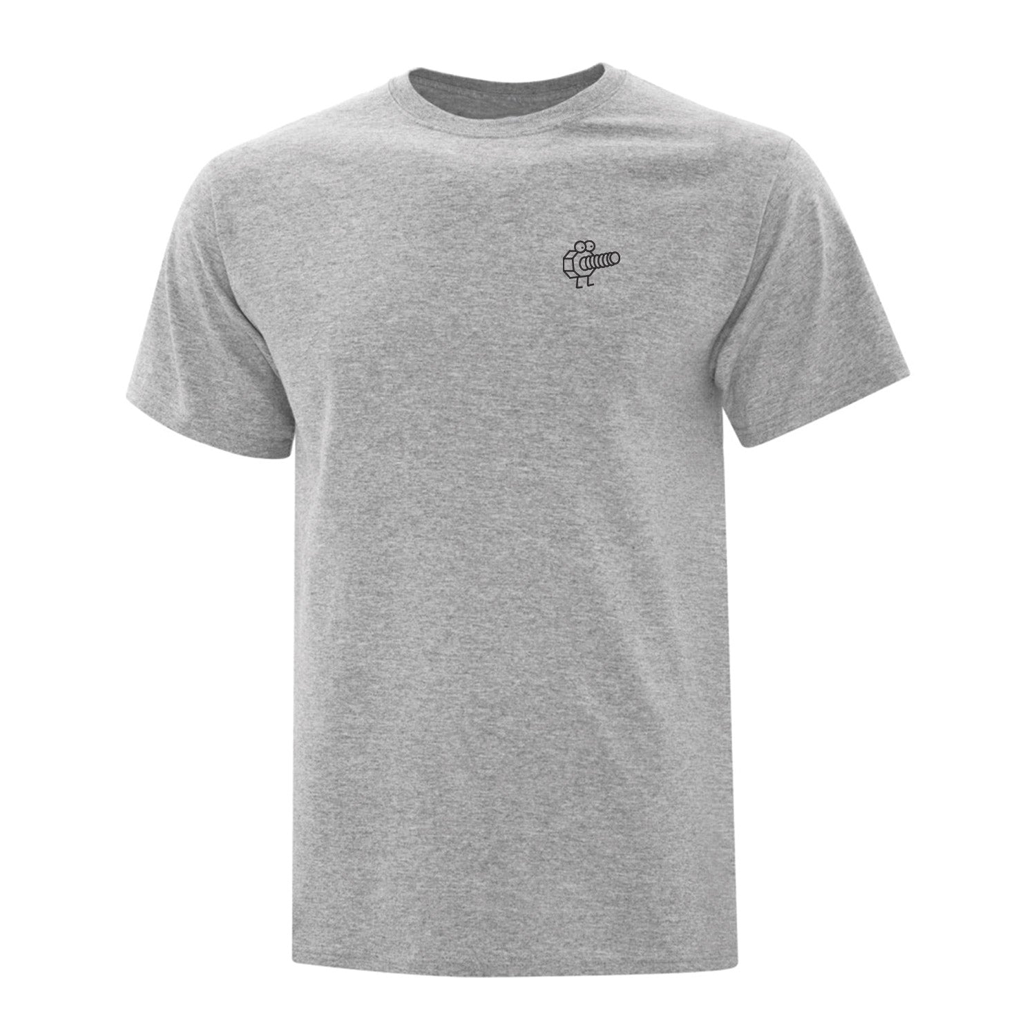 t-shirt gris pâle avec une broderie de vis animée brodée à gauche du chandail en noir