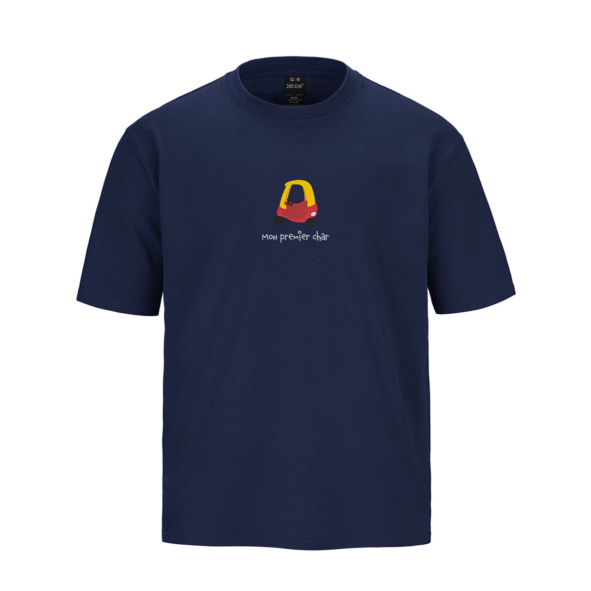 t-shirt manches courtes bleu marin oversized, heavyweight avec broderie auto jouet rouge et jaune années 90
