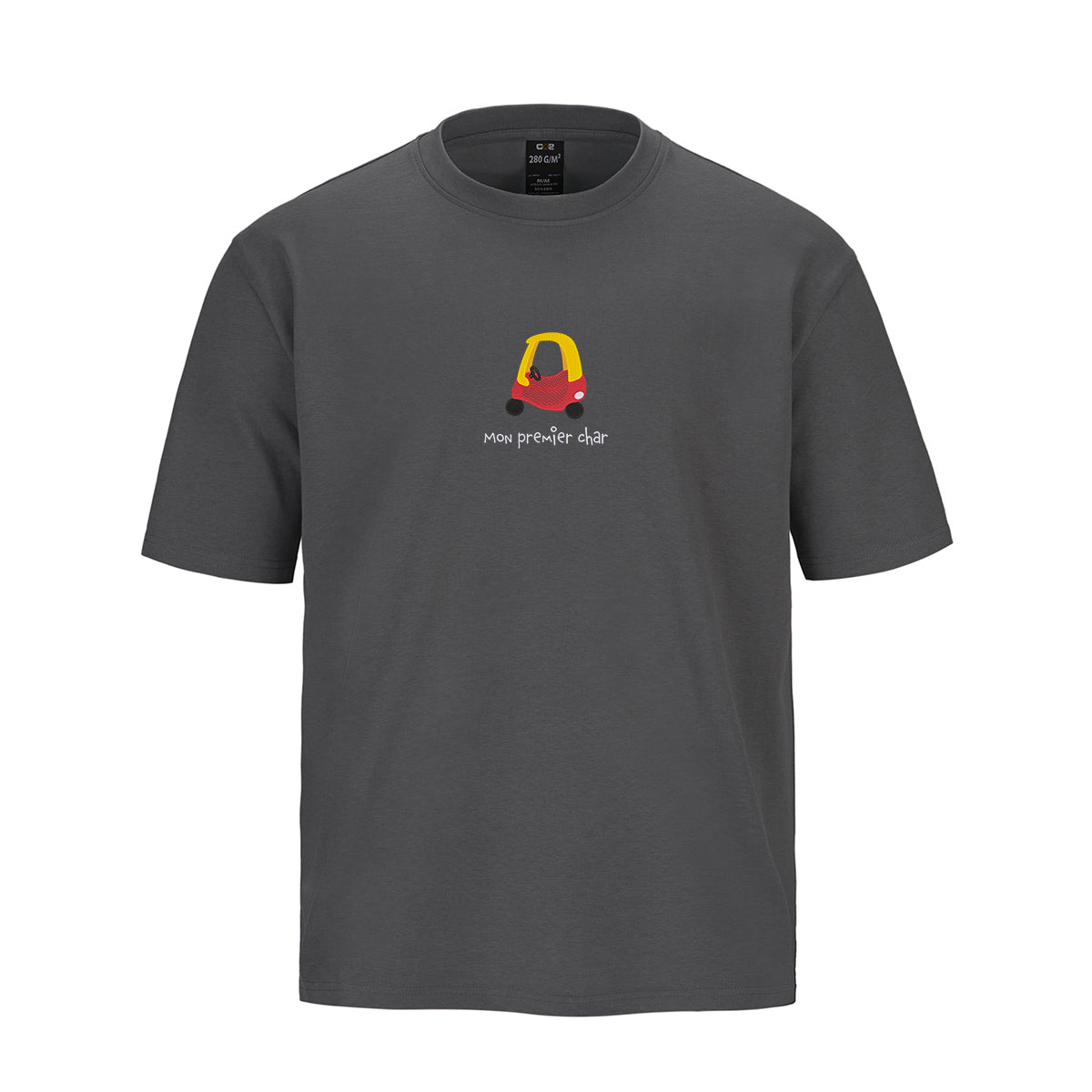 t-shirt manches courtes charbon oversized, heavyweight avec broderie auto jouet rouge et jaune années 90