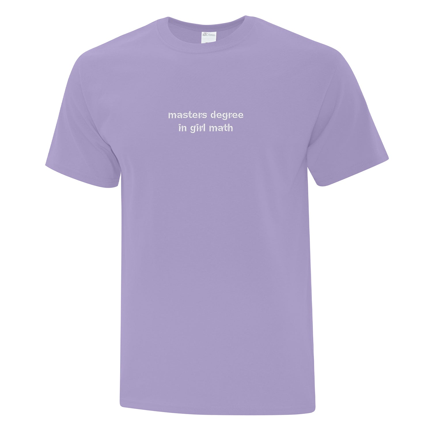 t-shirt à manches courtes lavande avec broderie "masters degree in girl math" brodé en blanc