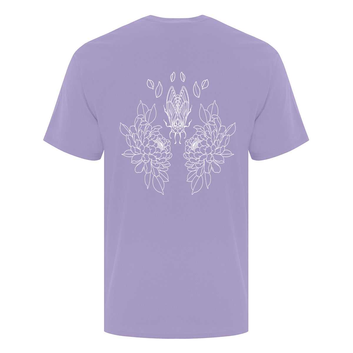 t-shirt manches courtes lavande avec imprimé botanique fleural en gros à l'arrière en blanc