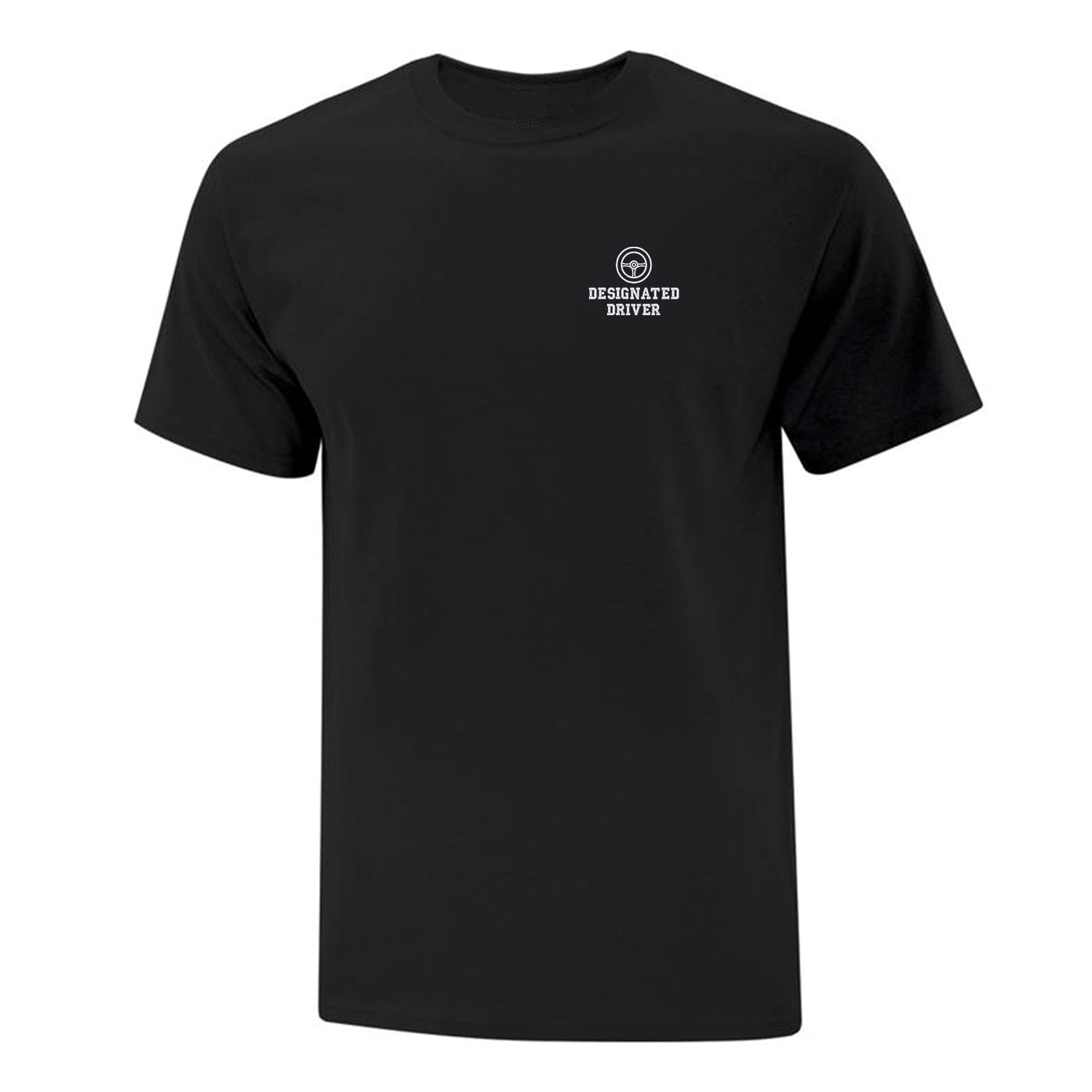 t-shirt noir à manches courtes avec une broderie "designated driver" et un volant de voiture au-dessus. La broderie est au coeur en blanc