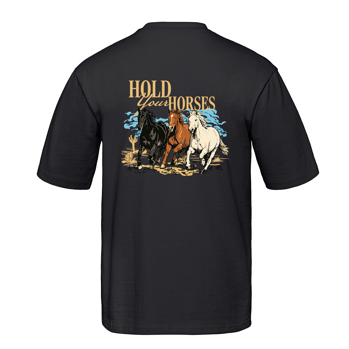 t-shirt heavyweight coupe ample noir avec imprimé Hold your horses et des chevaux dans le dos