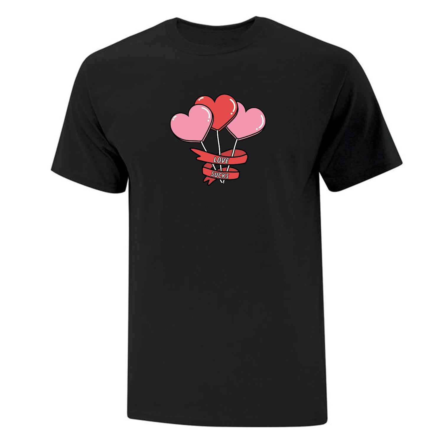 t-shirt noir imprimé avec des sucettes en forme de coeur et l'inscription "love sucks"