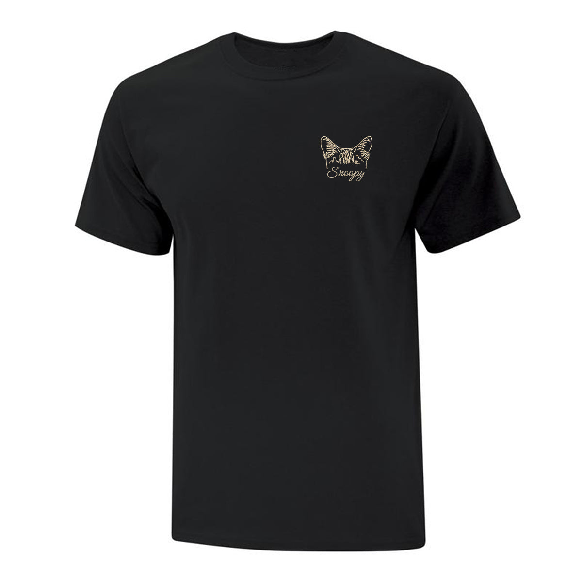 t-shirt noir avec broderie au coeur beige d'oreilles de chat et le nom du chat en dessous
