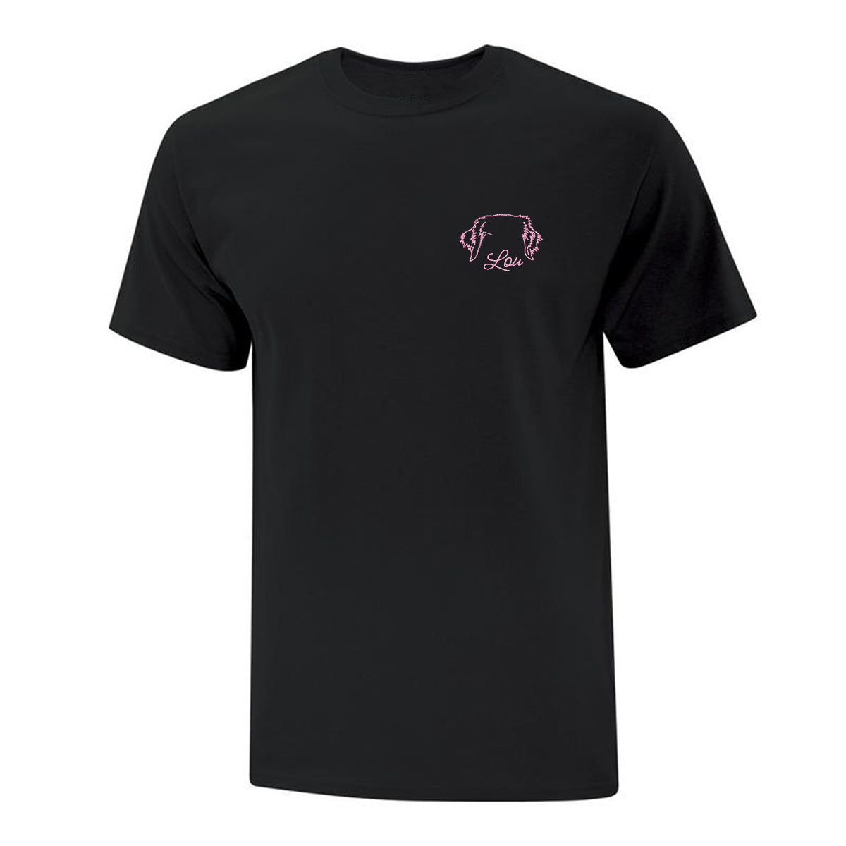 t-shirt manches courtes noir avec broderie minimaliste d'oreilles de chien au coeur avec leur prénom en dessous en rose pâle. personnalisable