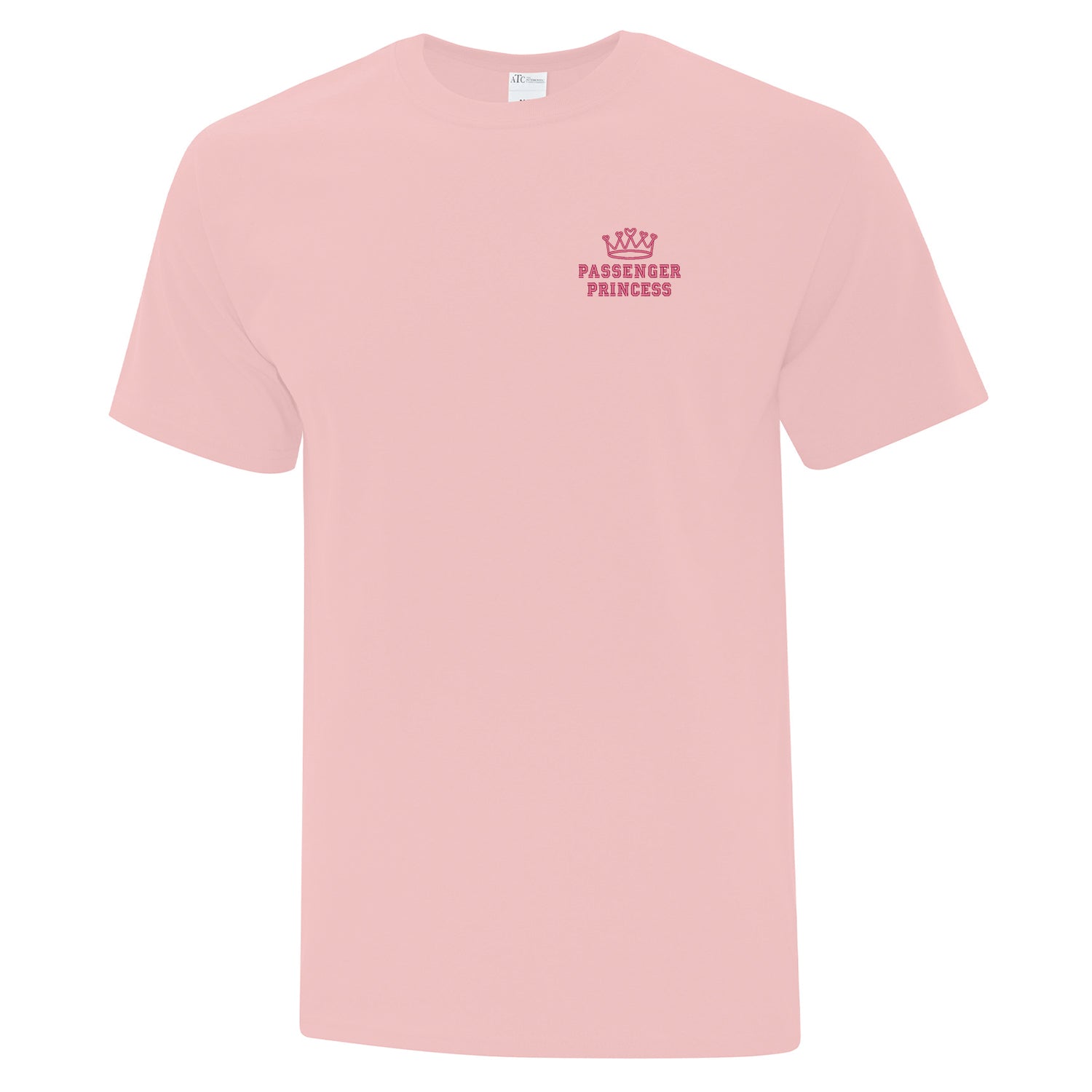 t-shirt à manches courtes unisexe rose pâle avec une broderie rose foncé écrit "passenger princess" avec une couronne au-dessus situé au coeur.