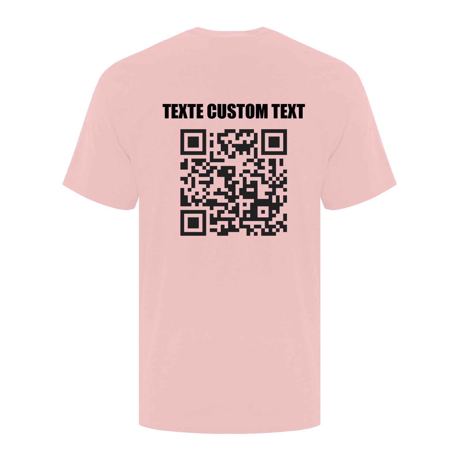visuel d'un t-shirt rose pâle avec un imprimé personnalisé de code QR et de texte en noir