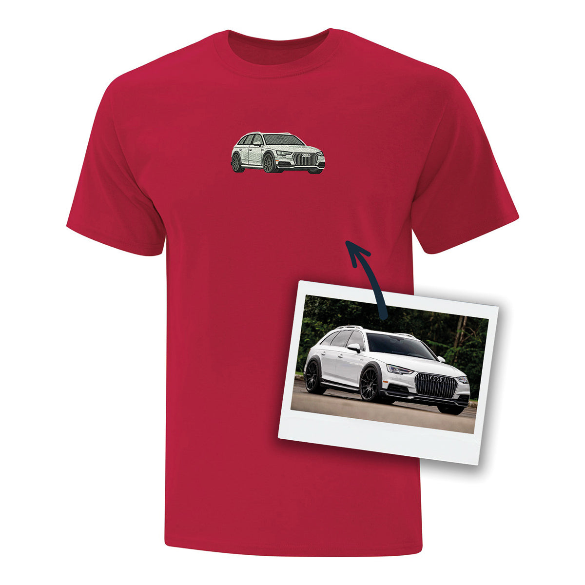 t-shirt rouge brodé d'une voiture brodé produit personnalisable audi