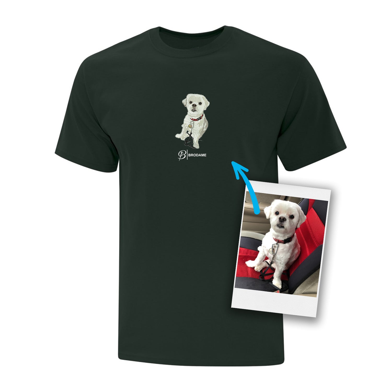 t-shirt à manches courtes vert forêt avec une broderie de chien faite à partir d'une photo et logo Brodame en-dessous