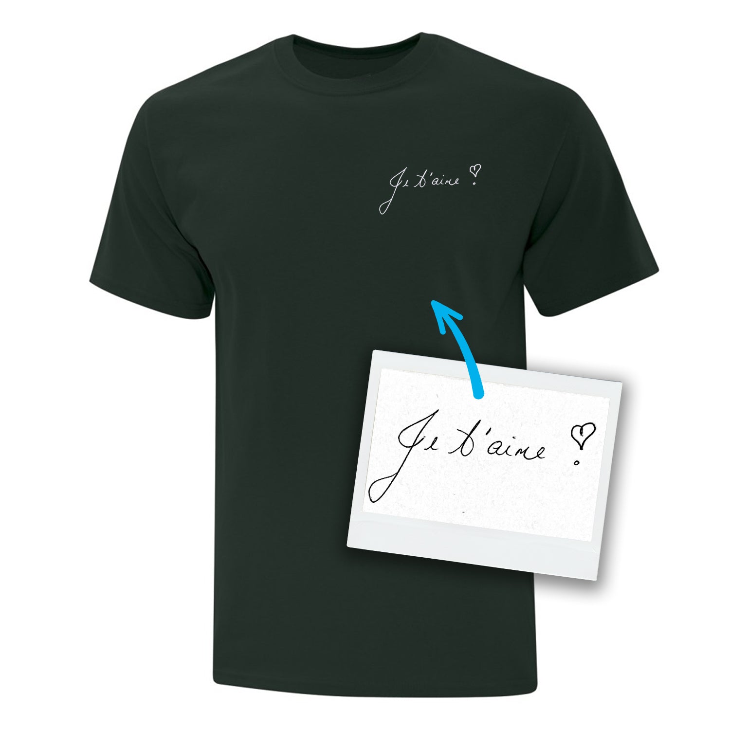 t-shirt à manches courtes vert forêt avec une écriture personnalisée brodée écrite à la main par un proche
