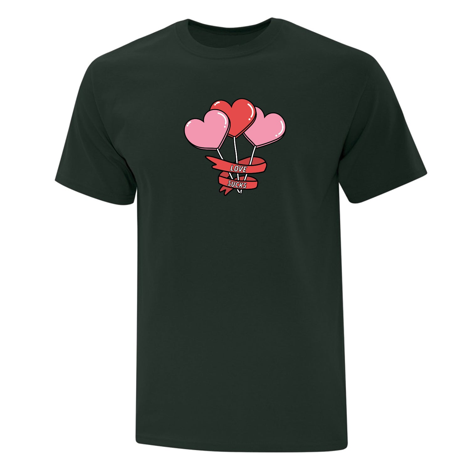 t-shirt vert forêt imprimé avec des sucettes en forme de coeur et l'inscription "love sucks"