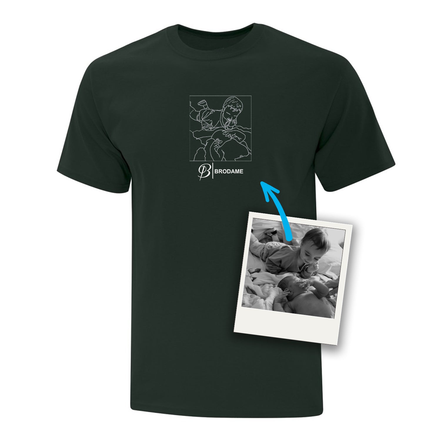 t-shirt vert foret personnalisé avec une silhouette brodée dessinée à partir d'une photo avec l'ajout du logo brodame en dessous