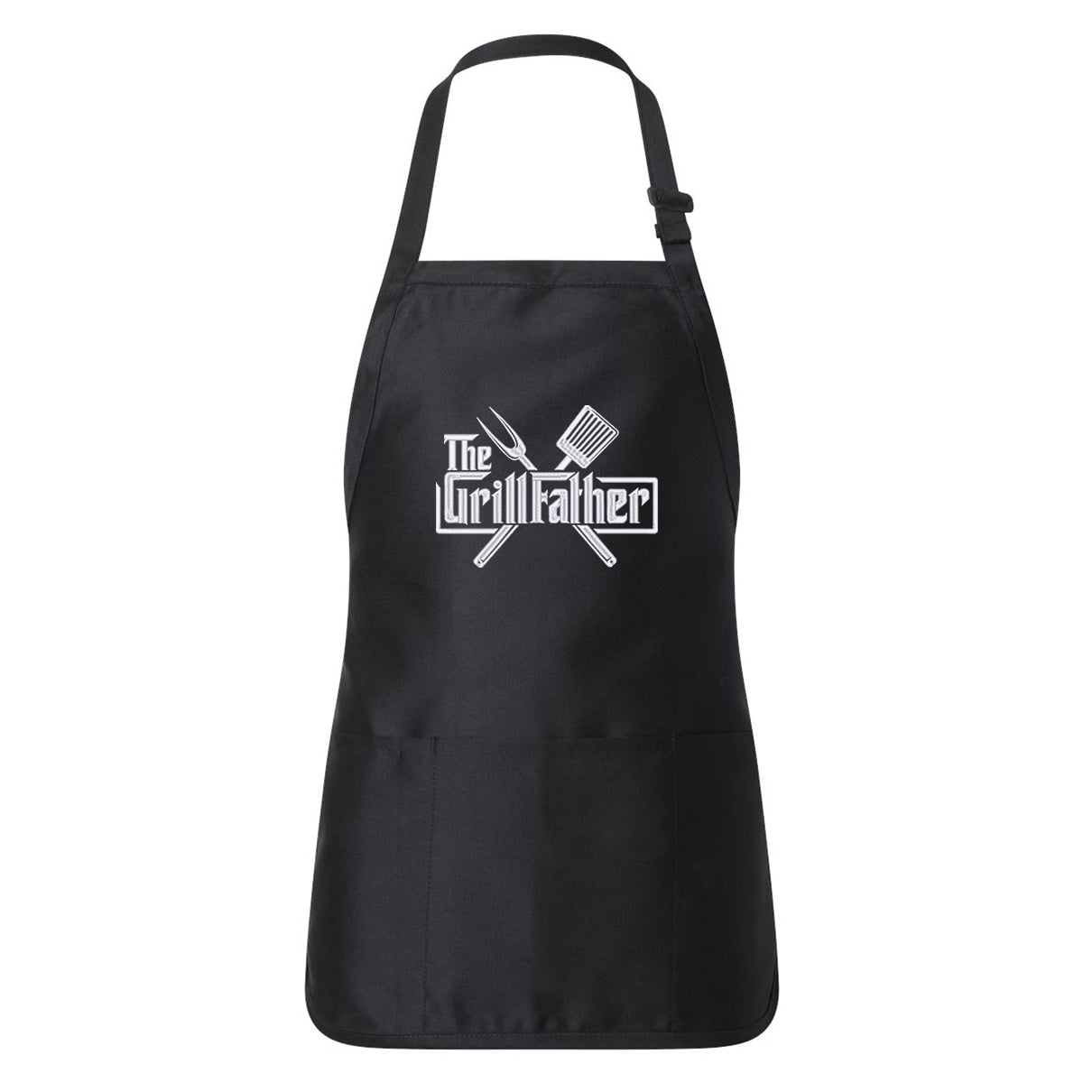 tablier uni noir avec une broderie de 8" centré en blanc "The GrillFather" avec des outils de grillades BBQ