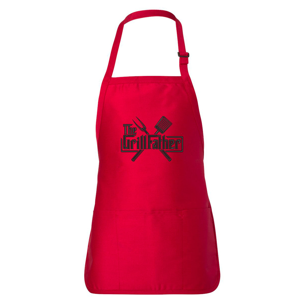 tablier uni rouge avec une broderie de 8" centré en noir "The GrillFather" avec des outils de grillades BBQ
