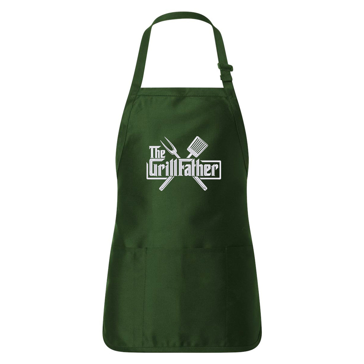 tablier uni vert forêt avec une broderie de 8" centré en blanc "The GrillFather" avec des outils de grillades BBQ