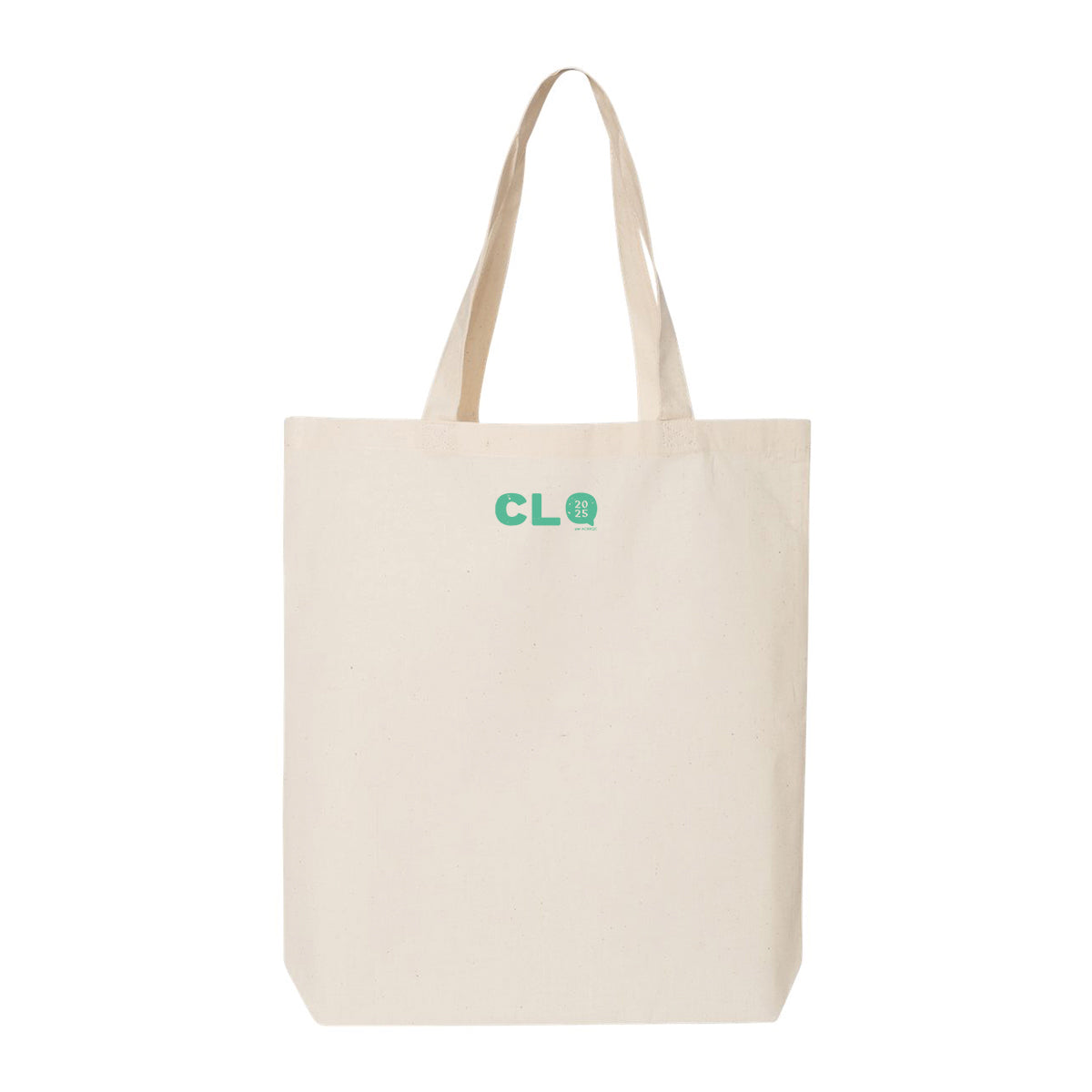 verso d'un sac fourre-tout beige avec un imprimé du logo du CLQ2025 de l'ACEE du Québec