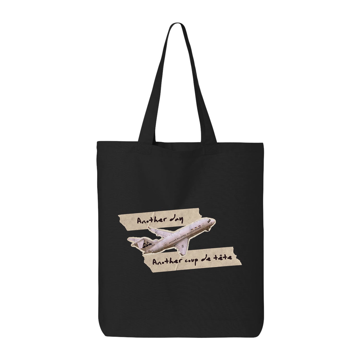 sac fourre-tout noir avec un imprimé d'un avion avec une phrase humorstique