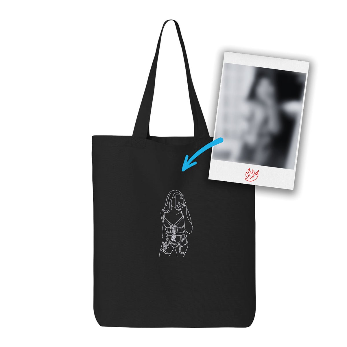 sac fourre-tout noir avec une broderie blanche minimaliste d'une silhouette faite à partir d'une photo coquine