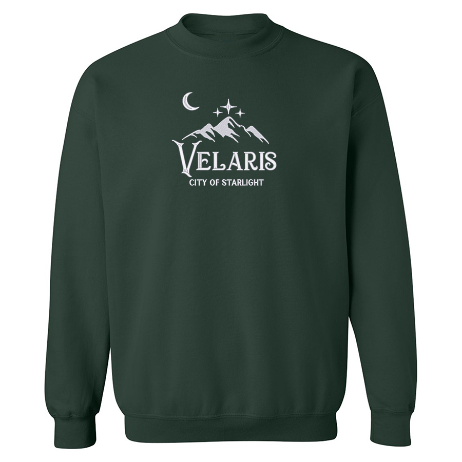 crewneck velaris city of starlight vert forêt brodé en blanc