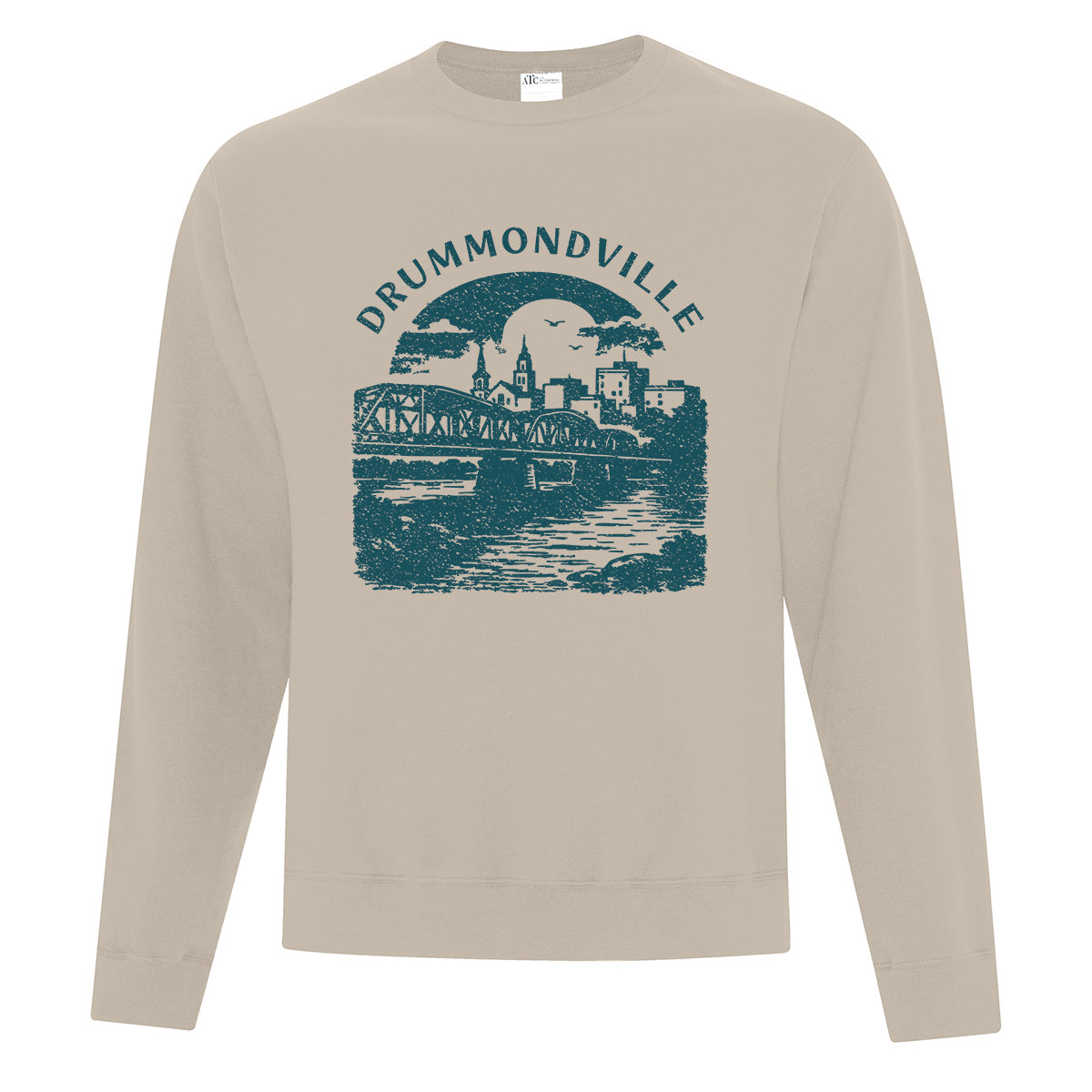 coton ouaté sans capuchon beige avec une impression vintage de la ville de drummondville au centre en vert foncé