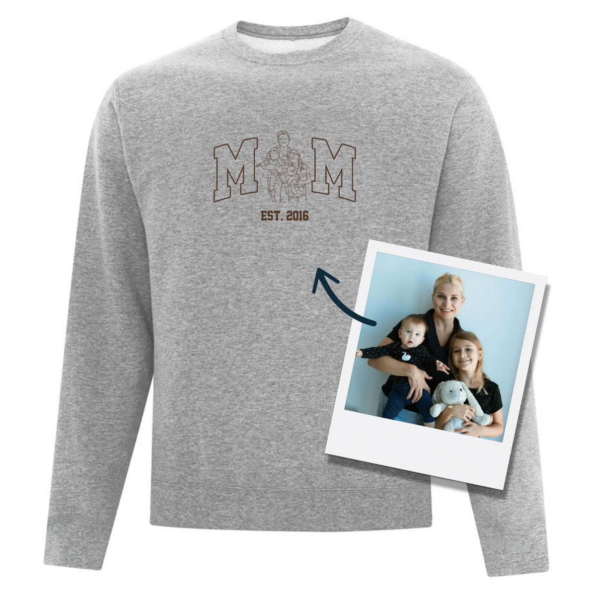 coton ouaté sans capuchon gris pâle avec broderie personnalisé brune silhouette MOM à partir d'une photo