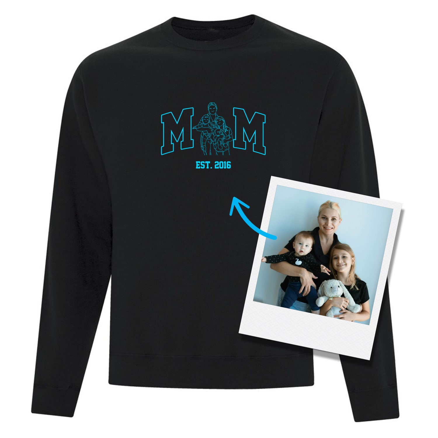 coton ouaté sans capuchon noir avec broderie personnalisé bleue silhouette MOM à partir d'une photo