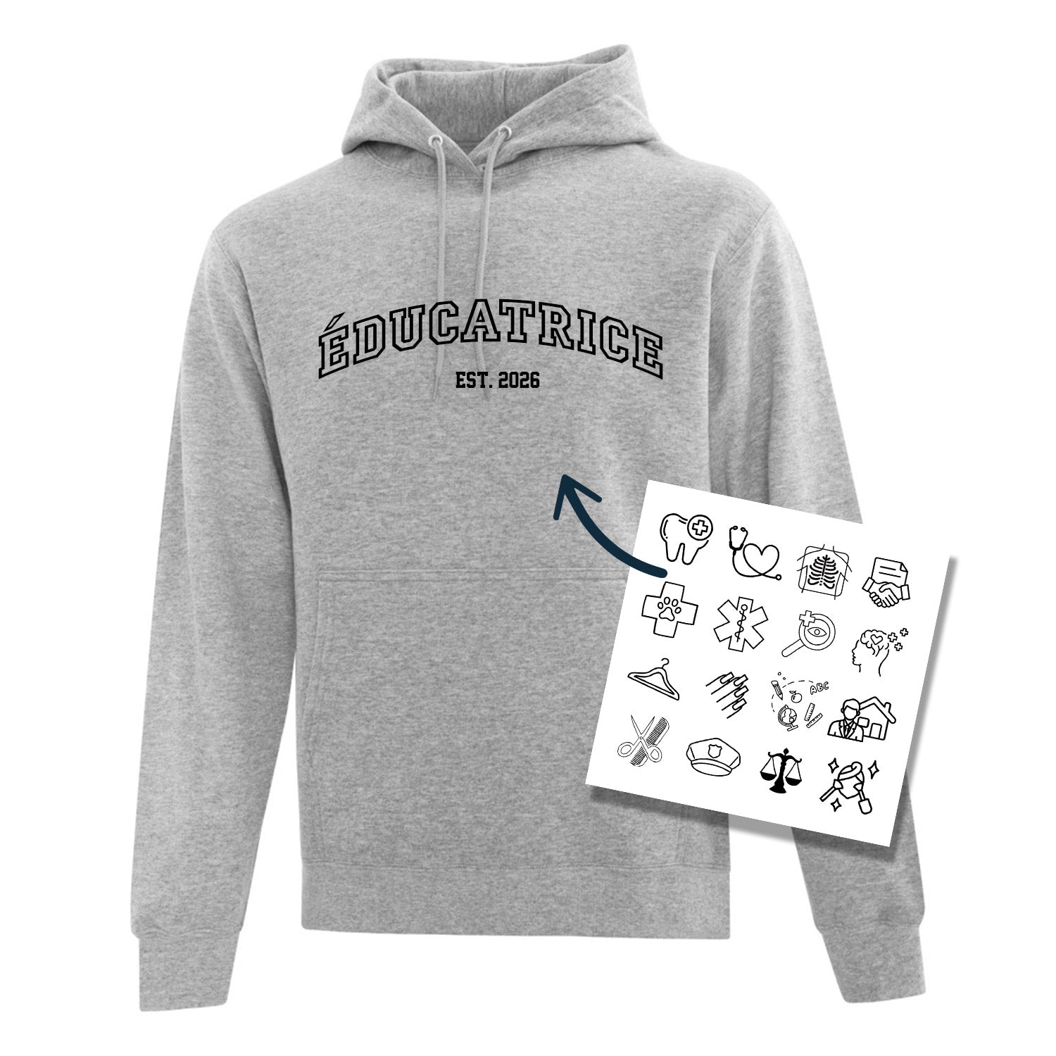 coton ouaté à capuchon gris pâle avec broderie personnalisable selon le métier. Lettres universitaires avec année de graduation