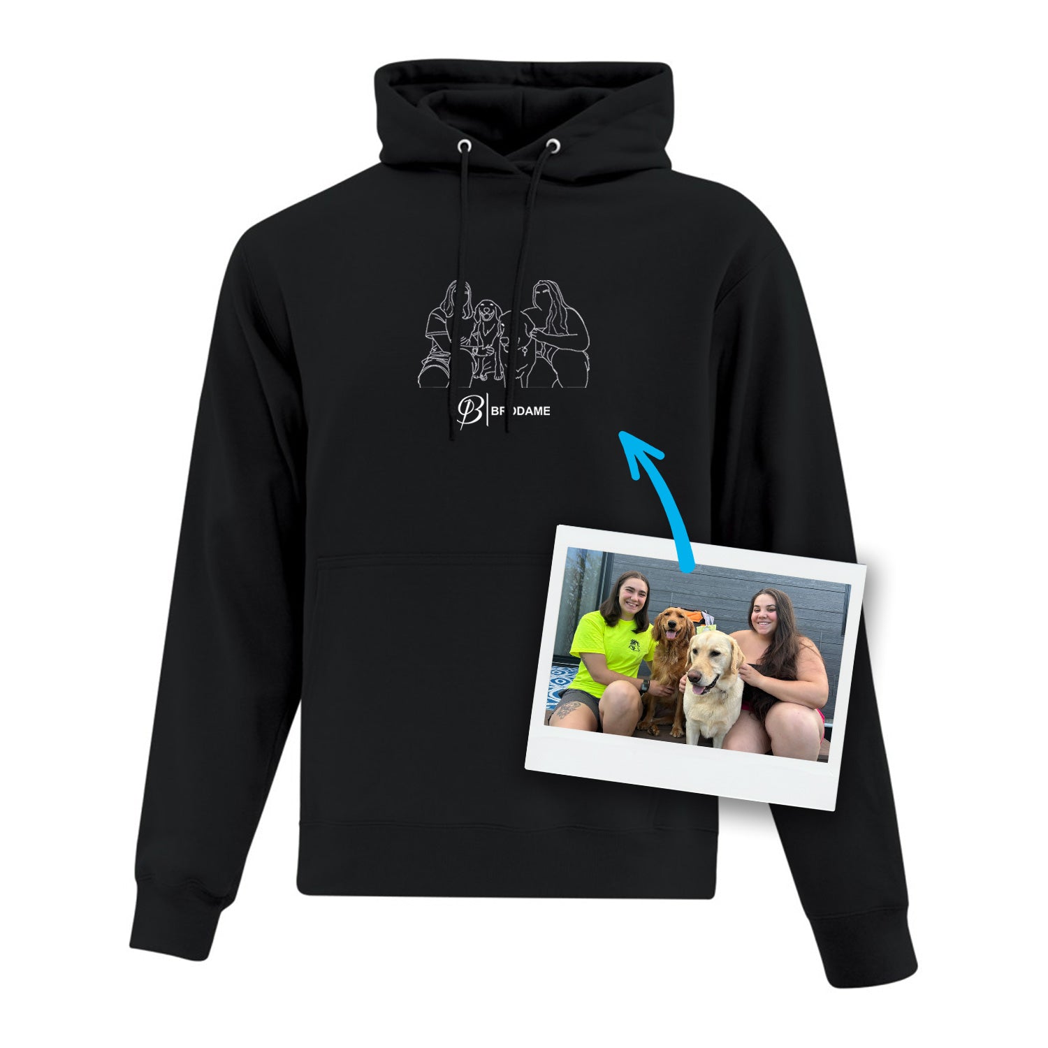 coton ouaté tracé dessin de silhouette à partir d'une photo hoodie noir avant après résultat broderie