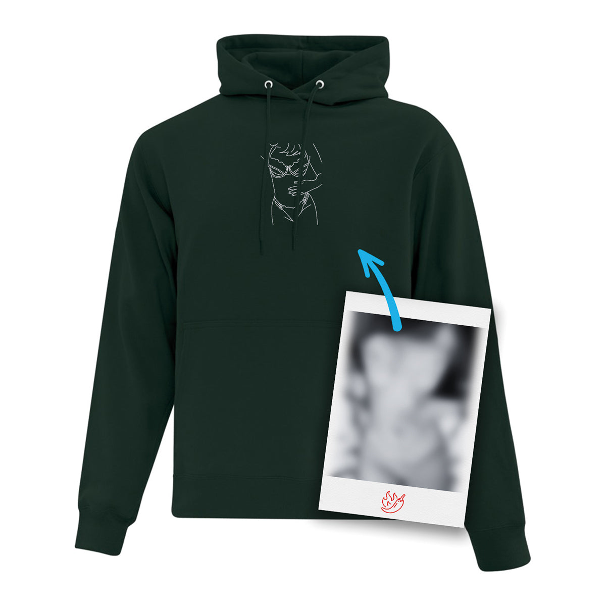 coton ouaté à capuchon vert forêt avec cordon et une broderie blanche minimaliste d'une silhouette faite à partir d'une photo coquine