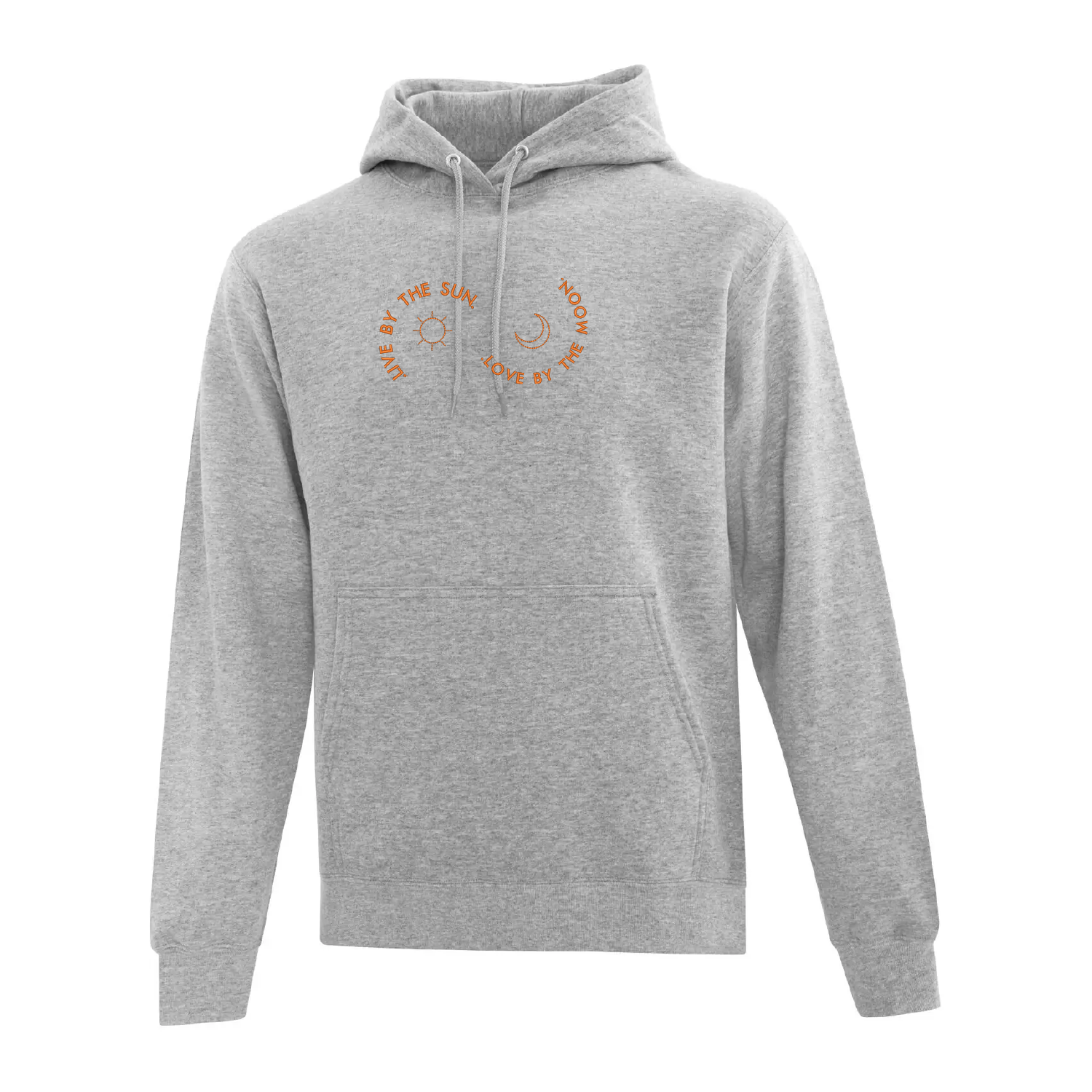 hoodie gris pâle live by the sun love by the moon avec une broderie orange d'une lune et d'un soleil