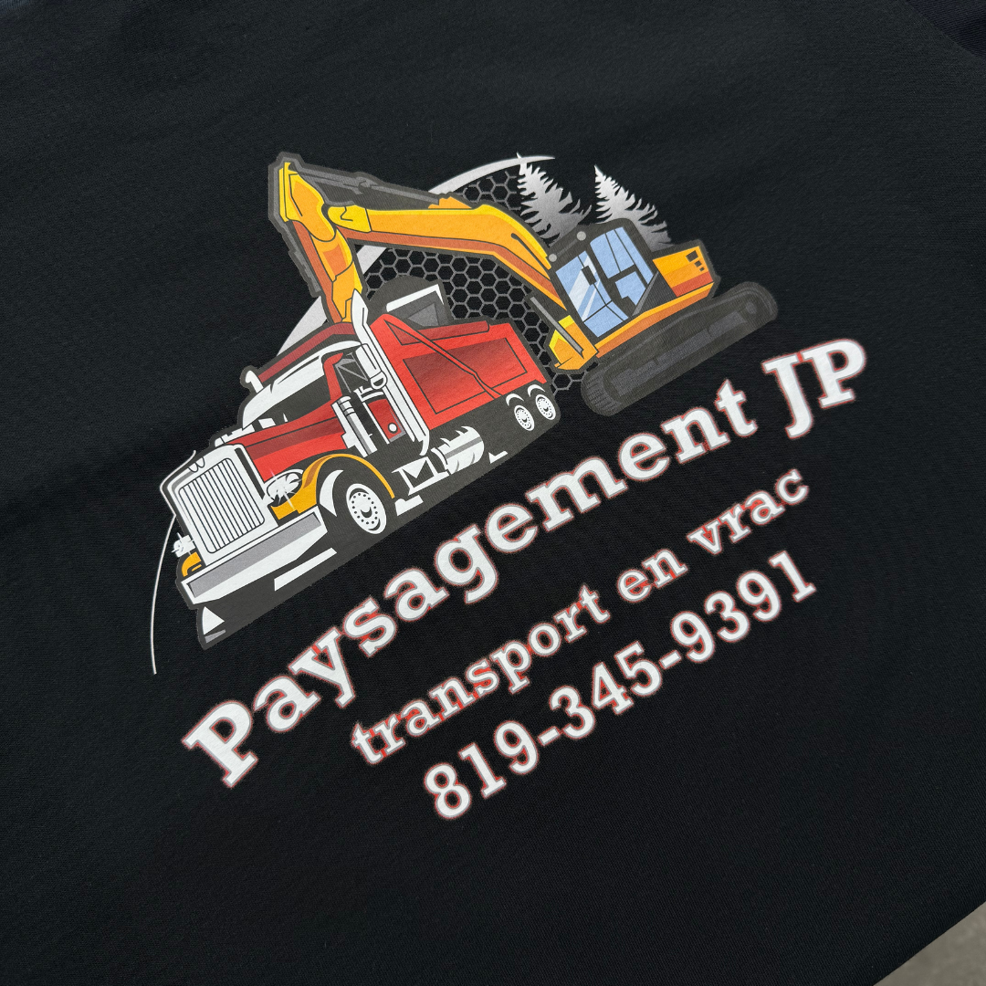 T-shirt Paysagement JP et transport en vrac faites en DTF par Brodame