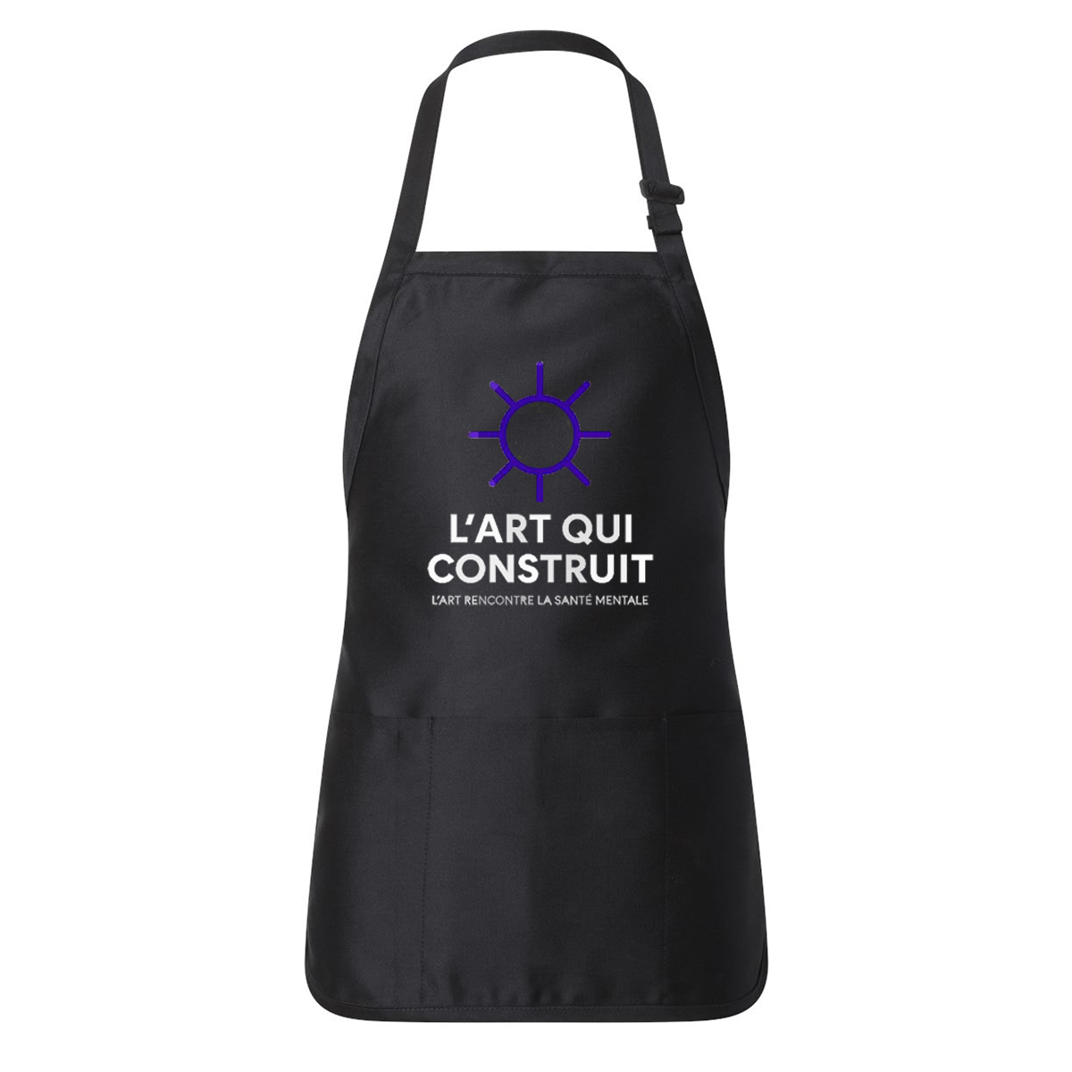 tablier court noir avec une broderie de soleil mauve et la phrase "L'art qui construit" l'art qui rencontre la santé mentale