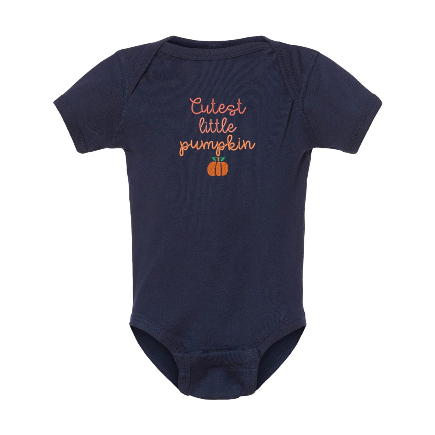 cache-couche bleu marin pour bébé avec une broderie de petite citrouille orange