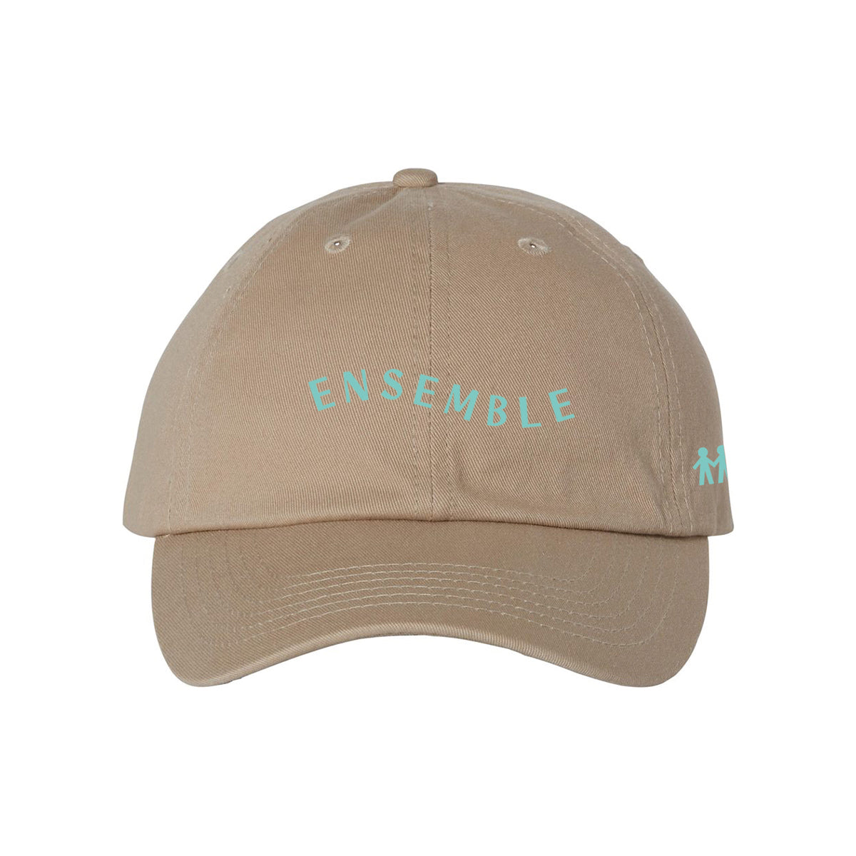 casquette beige avec deux broderies turquoises. "Ensemble" en forme de vague brodé à l'avant. 4 petits bonhommes se tenant la main sur le côté de la casquette
