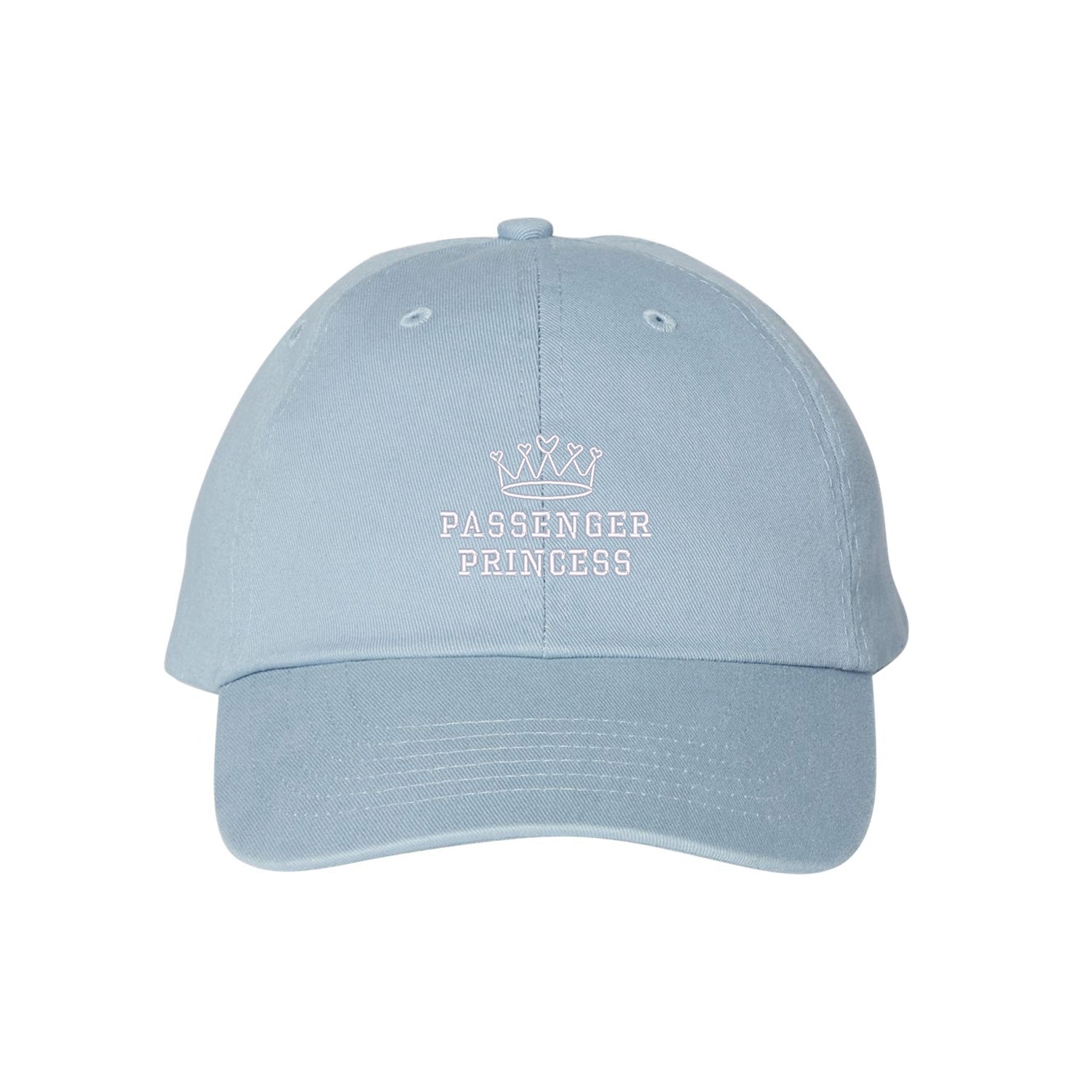 casquette bleu pâle brodée "passenger princess" au centre en blanc