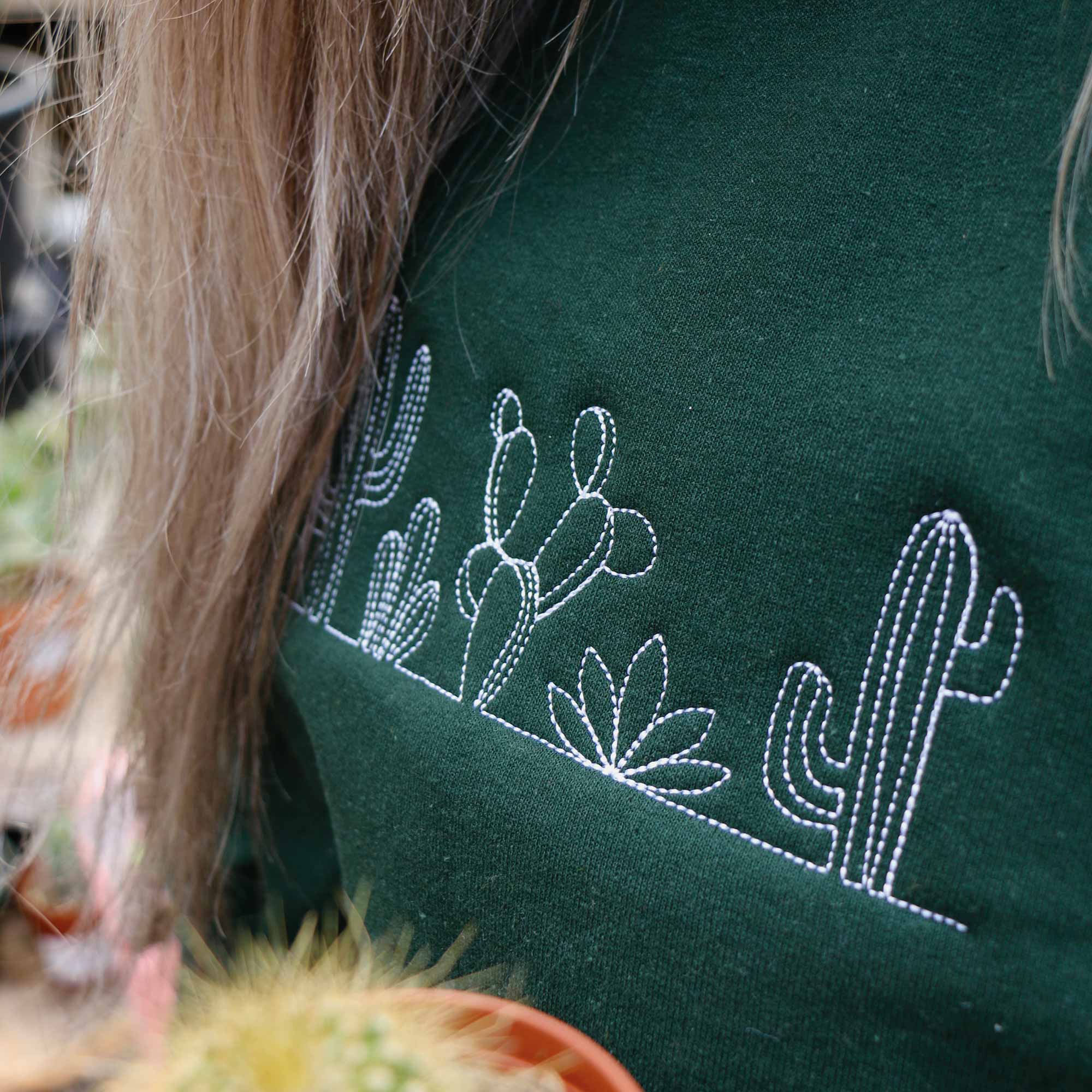 plan rapproche d'une broderie minimaliste de cactus