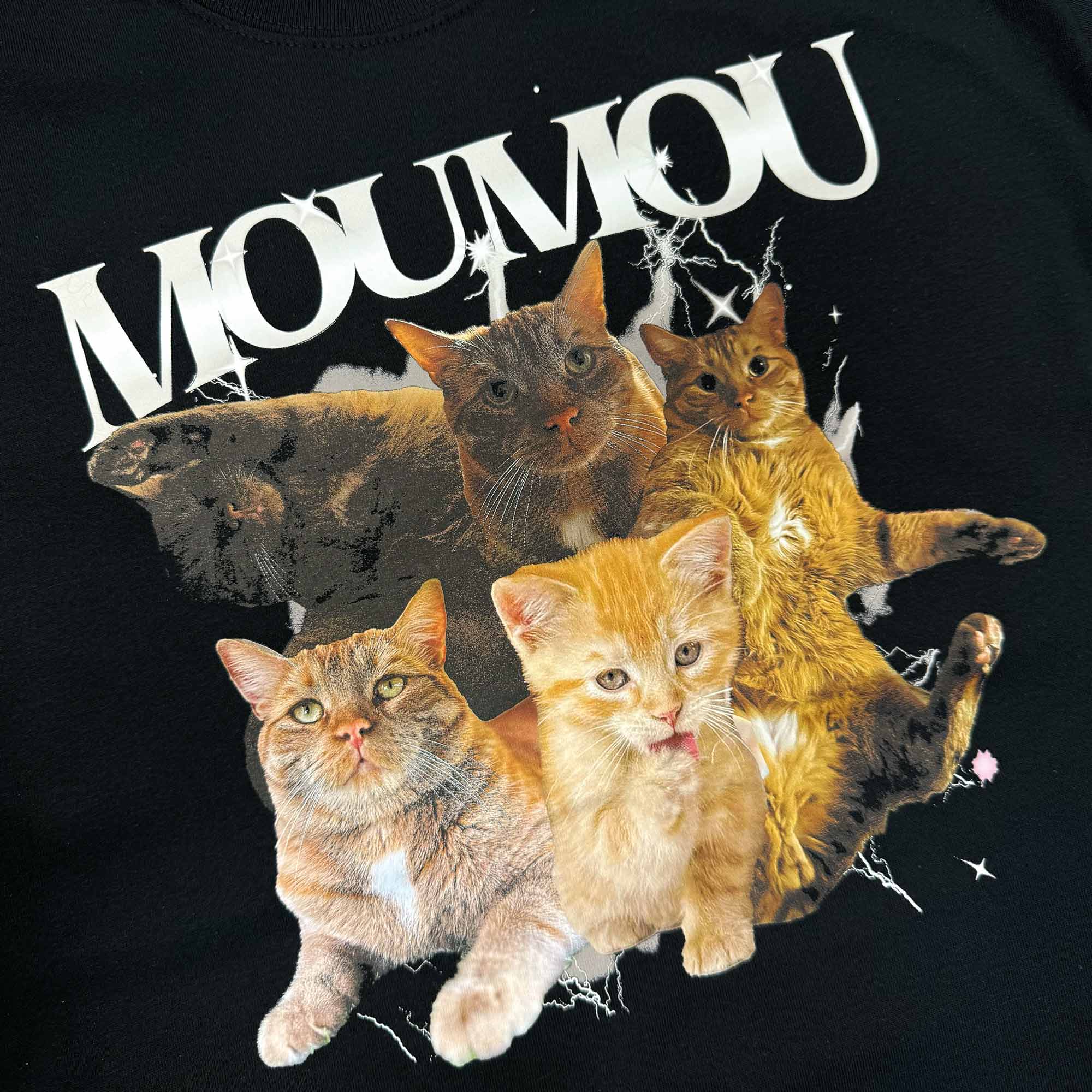 photo d'un plan rapproché d'un t-shirt imprimé personnalisé avec le nom d'un chat et des photos de lui. t-shirt vintage retro personnalisé