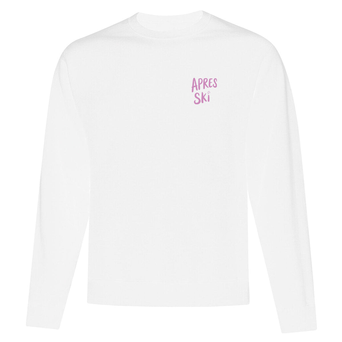 coton ouaté à col rond blanc avec des illustrations sous le thème du ski et de l'hiver imprimé en rose