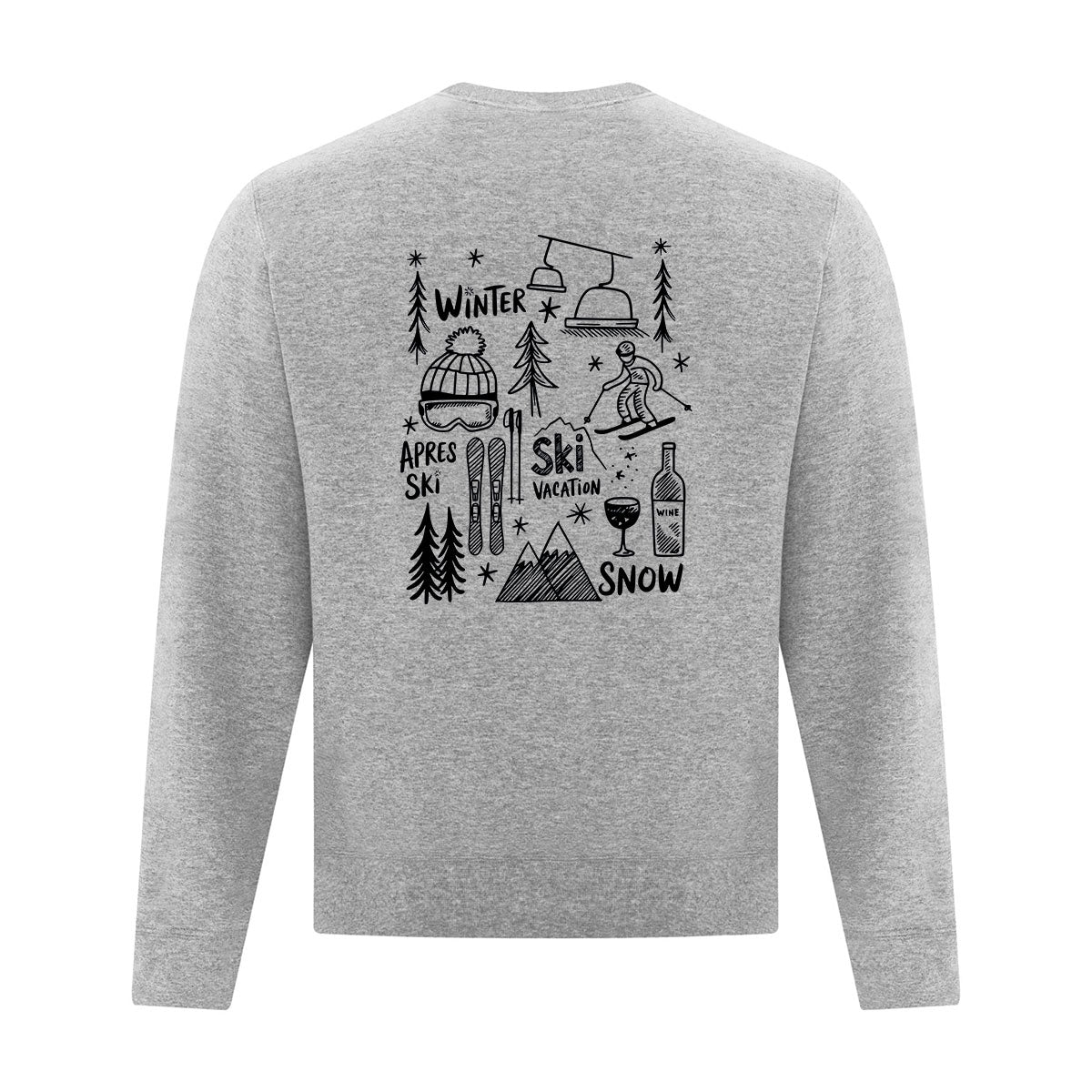 coton ouaté à col rond gris pâle avec des illustrations sous le thème du ski et de l'hiver imprimé en noir