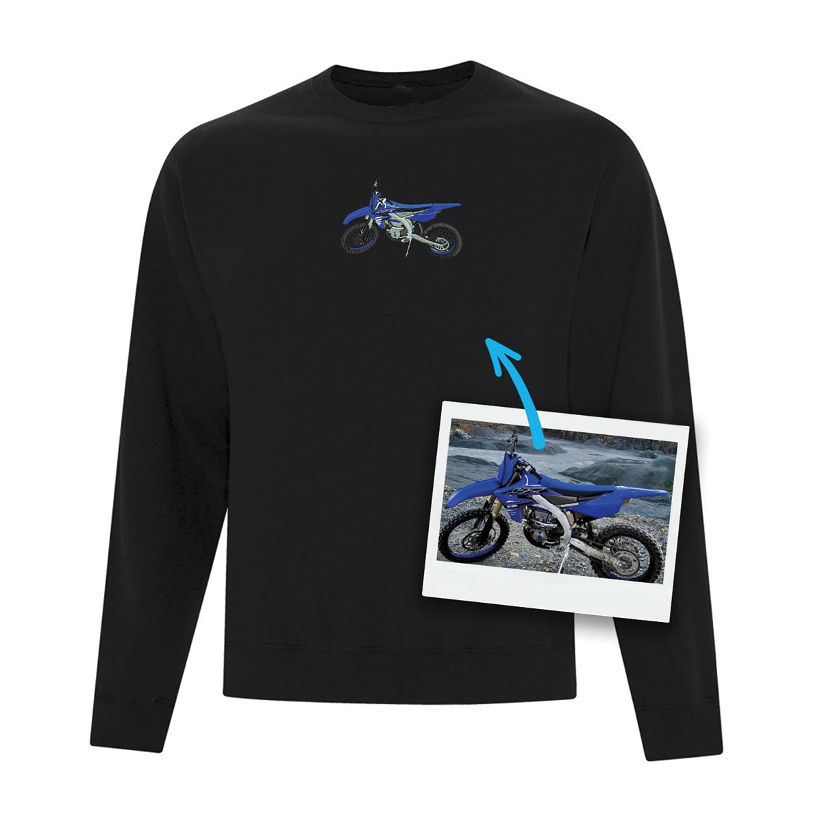 coton ouaté à col rond noir avec une broderie de motocross réaliste faite à partir d'une photo