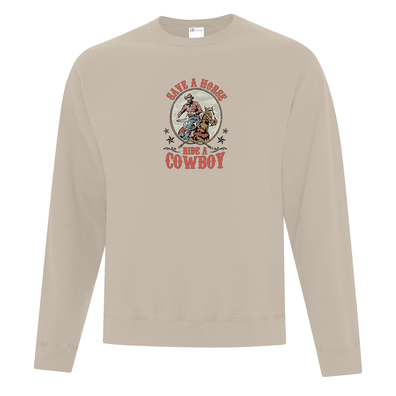 visuel d'un crewneck beige avec un imprimé western et l'écriture "save a horse, ride a cowboy"