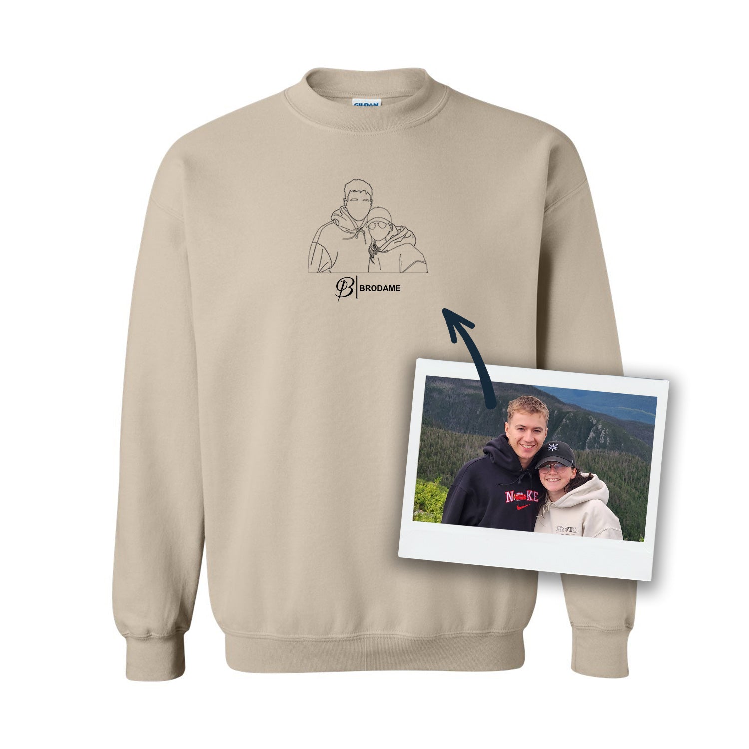 crewneck personnalisé beige tracé de photo silhouette brodé au centre avec logo brodame en dessous